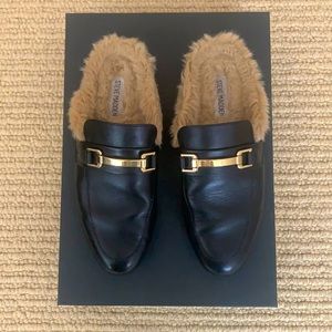 Black leather faux Gucci loafer slides